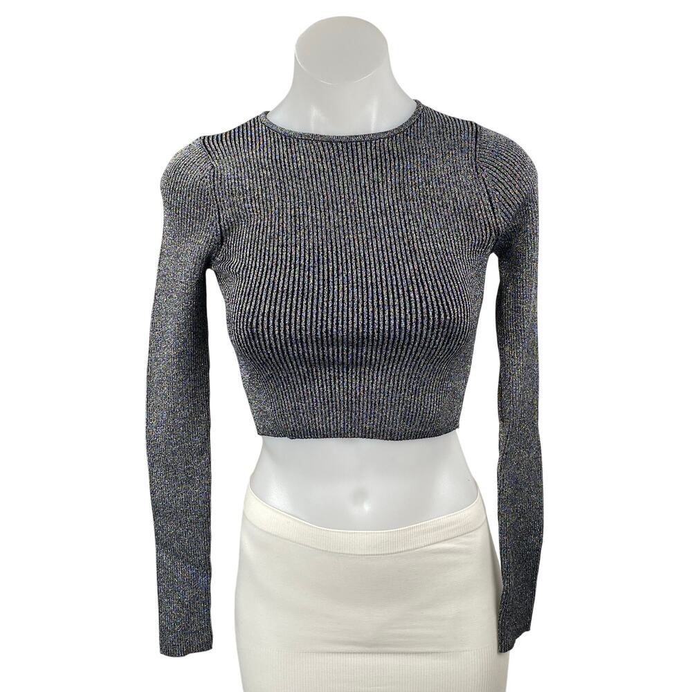 Zara Women's Gray Long Sleeve Crew Neck Ribbed Knit Cropped Sweater Top Size S